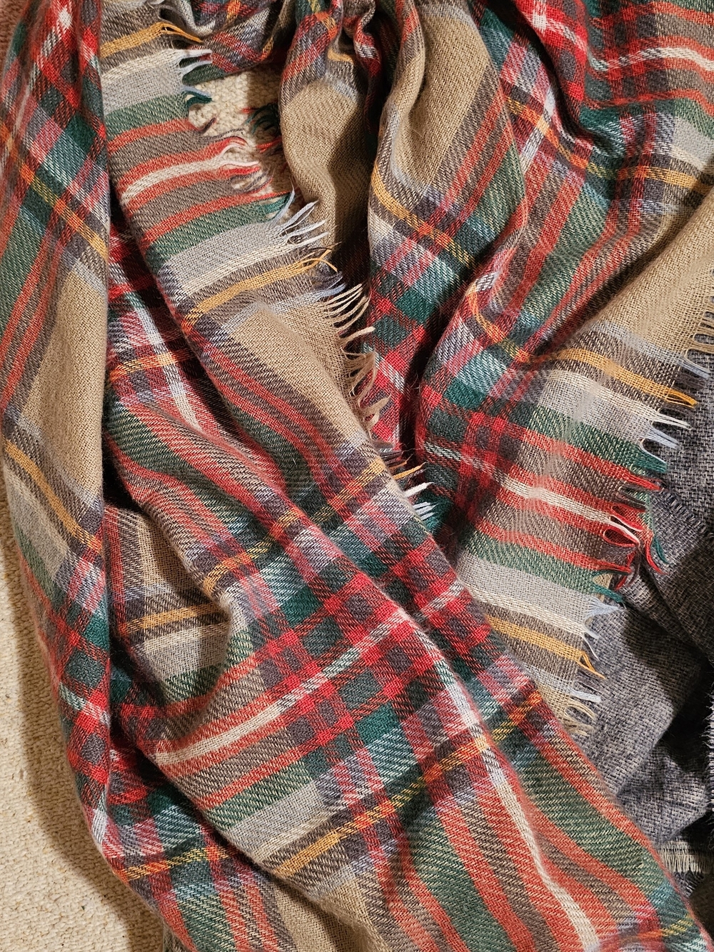 Plaid Fringe Blanket Scarf in Tan, Red & Green